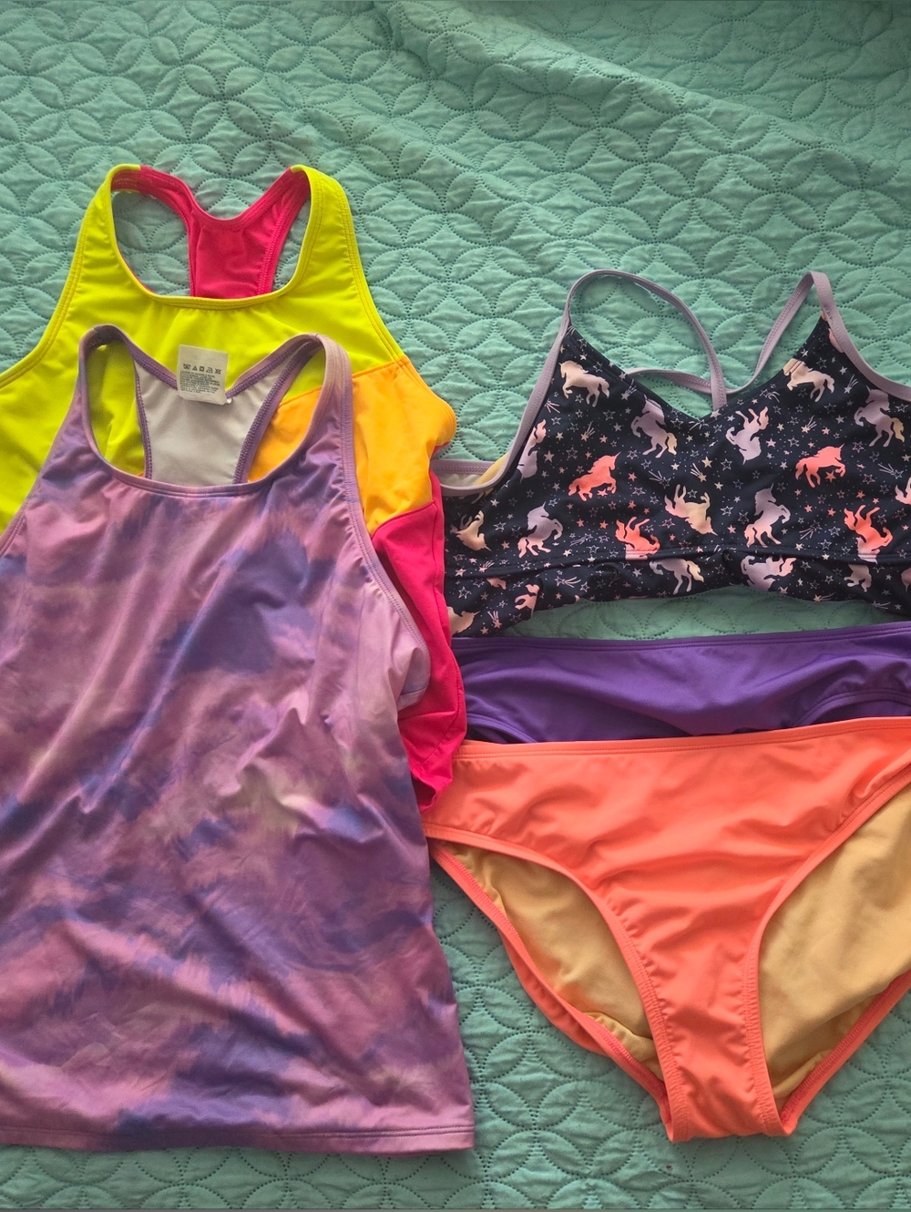Lands EndGirls' Colorful Swimwear Set - Neon, Coral, Purple, Black Unicorn Print